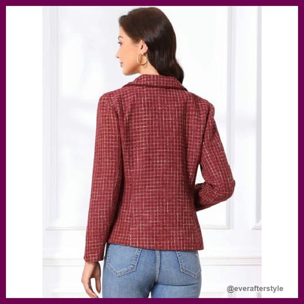 Tweed Blazer Elegant Business Casual Jacket Notch Lapel Long Sleeve - Picture 4 of 6